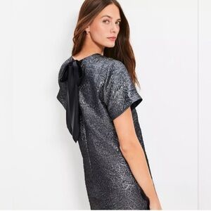 Loft Metallic Brocade Bow Back Mini Dress Black Silver size 4 holiday party